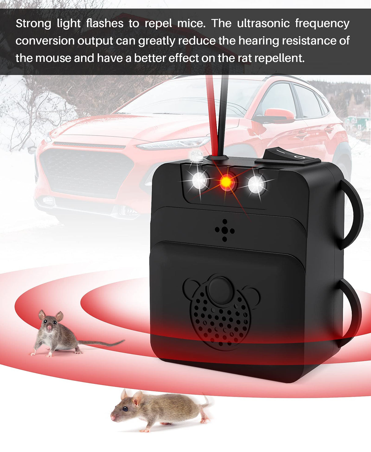 Under Hood Rodent Repeller, Professional Mouse Repellent, Ultrasonic 12V Car Pest Repeller Squirrels, Pack Rat Deterrent for Cars Trucks RV Engine Bay Warehouse Attic with Evictor Strobe Light 4 Pack