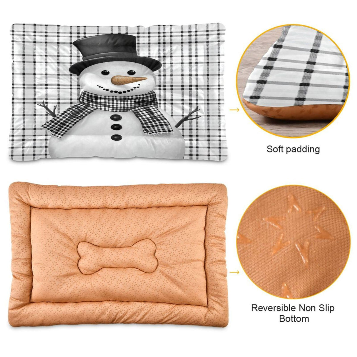 Coikll Snowman with A Black and White Plaid Pet Bed Pad Soft Dog Bed Mat with Anti-Slip Bottom, Machine Washable Crate Pad Mattress for Dog Sleeping- 24 * 18 inches