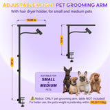 Dog Grooming Arm with Metal Clamp, Dog Grooming Table Arm & Hair Dryer Stand Hands Free Blower Hose Holder 2 in 1, Adjustable Grooming Arms for Tables with Loops for Groomers for Small Medium Pets