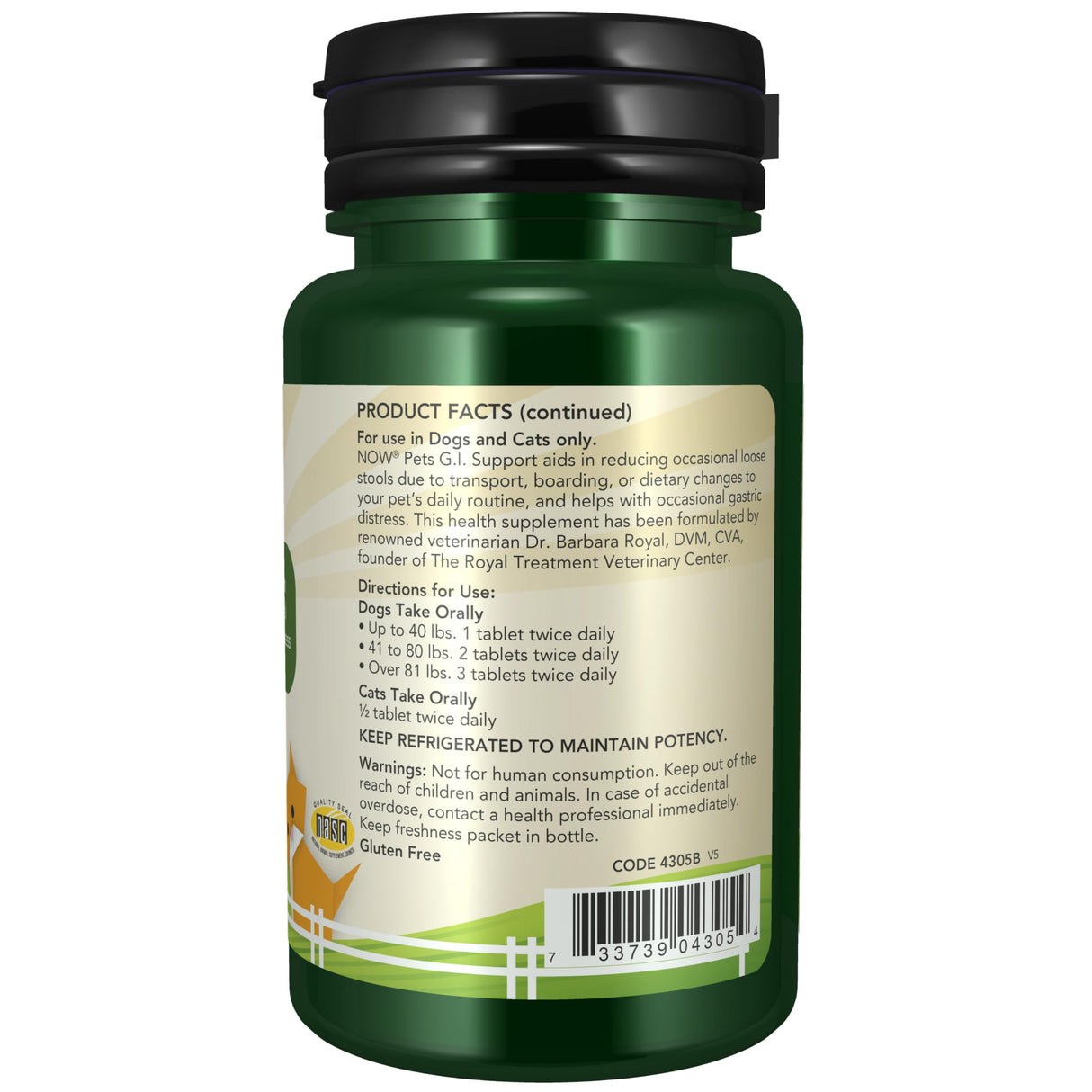 NOW Pet Health, G.I. Support Supplement, Formulated for Cats & Dogs, NASC Certified, 90 Chewable Tablets