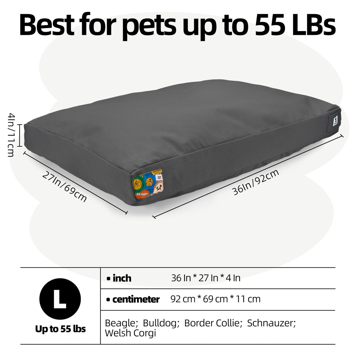 Sytopia 36 Inch Canvas Outdoor Dog Bed for Large Dogs, Waterproof Washable Removable Cover, Indoor Patio Pet Pad for Crate, Dark Grey