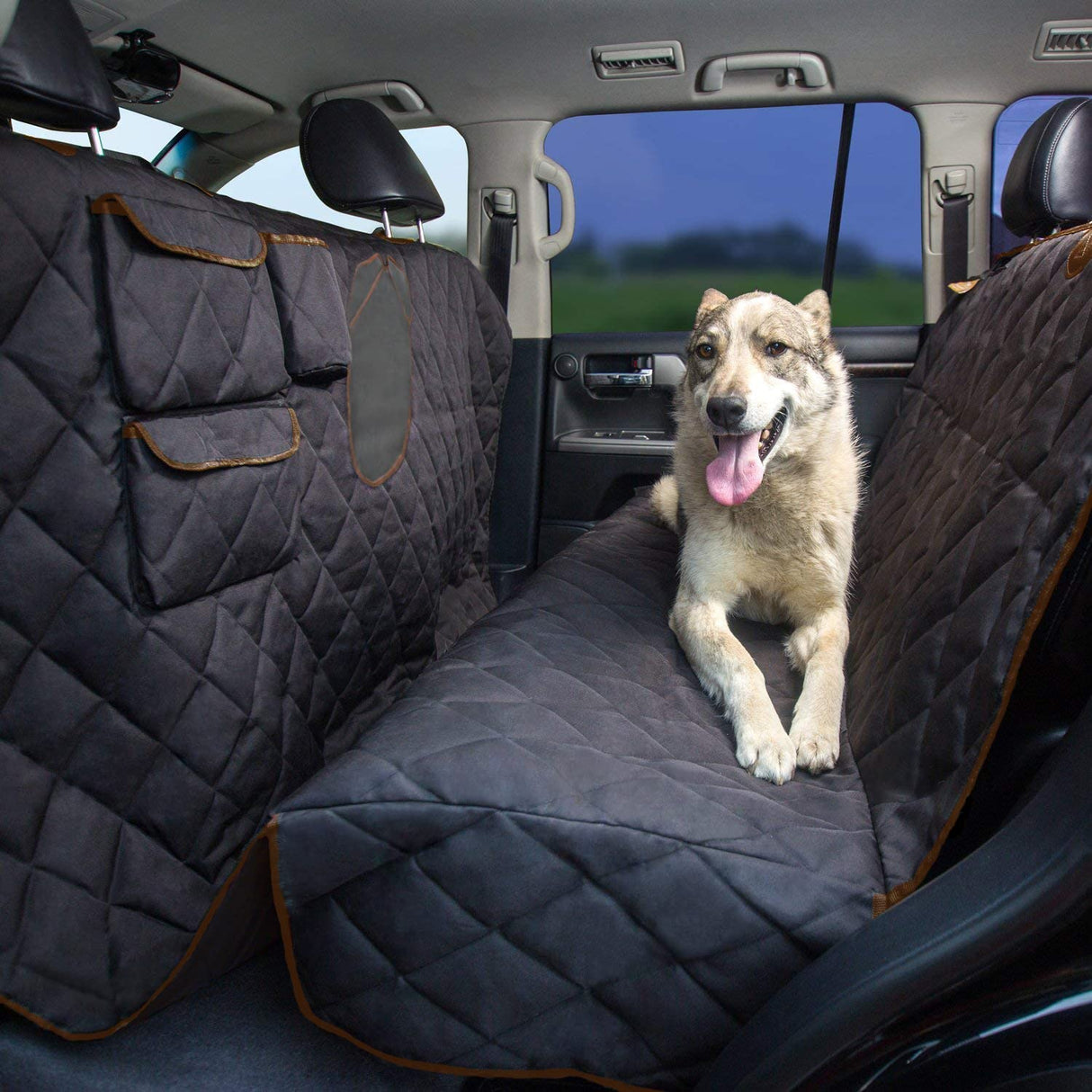 Tapiona XXL (63”Wx94”L) Brown Trim with Mesh Window Back Seat Cover for Cars, Trucks & SUVs - Heavy Duty, Washable + Pet Travel Bowl