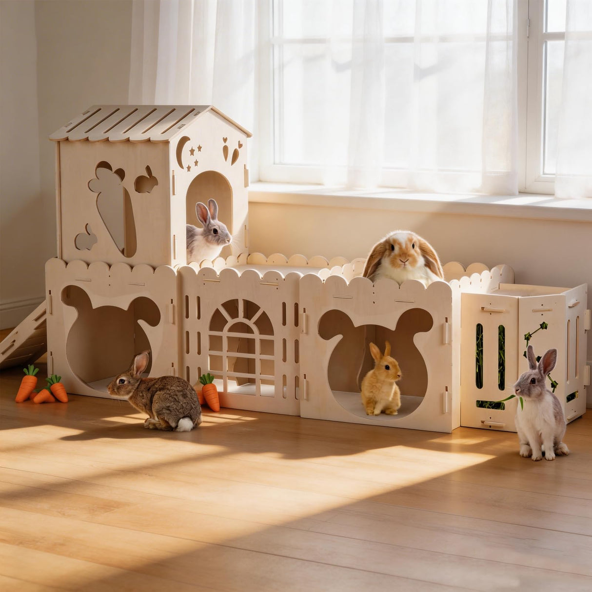 Extra Large Rabbit House, Wooden Bunny Castles with 4 Houses and Hay Feeder, Indoor Guinea Pig Castles Multistory Climbing Tower, Sturdy Wooden Bunny Cage Indoor, Small Animal Pet Rabbit Habitat