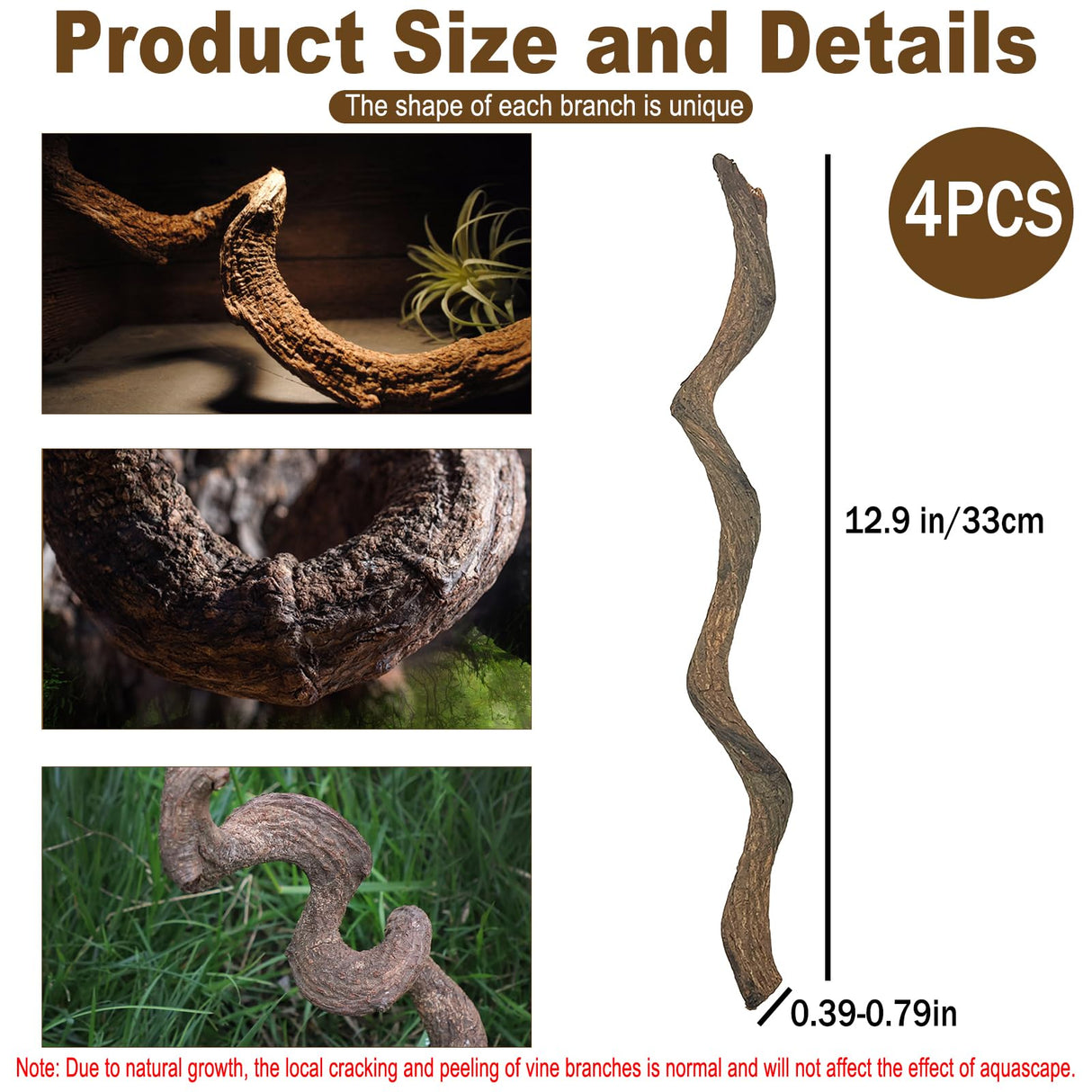 Reptile Decor 4PCS Natural Forest Branch Terrarium Habitat Driftwood Decoration Lizard Climbing Tree Branch for Bearded Dragon Gecko Snake Frog Chameleon Spider