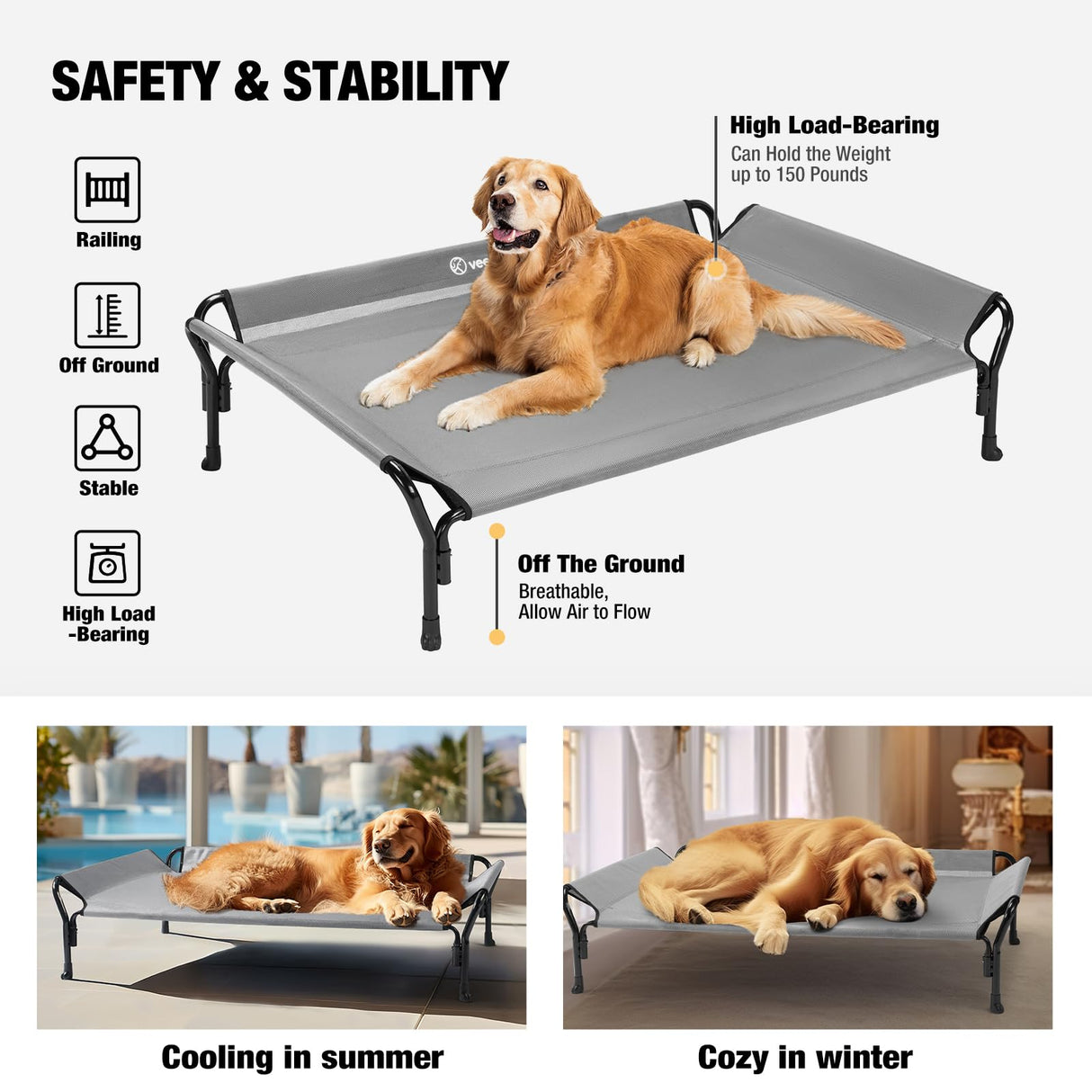 Veehoo Cooling Elevated Dog Bed, Raised Pet Cot with Guardrail & Slope Headrest, Durable Breathable Teslin Mesh, Non-Slip Feet, Washable Dog Couch Bed for Indoor & Outdoor, Medium 39.5" x 28", Gray