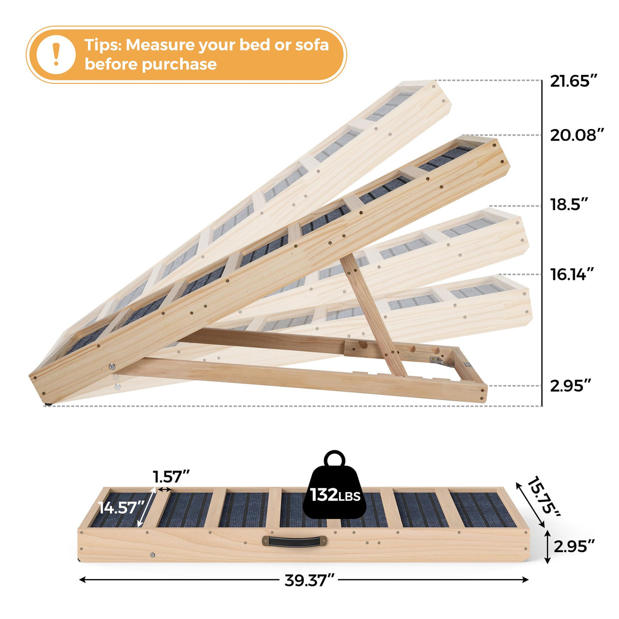 Dog Ramp for Bed, Couch- Upgraded Non-Slip Wooden Pet Ramp with Sturdy Construction, 4 Adjustable Heights (16" to 22"), Supports 132 lbs for Small & Medium Dogs