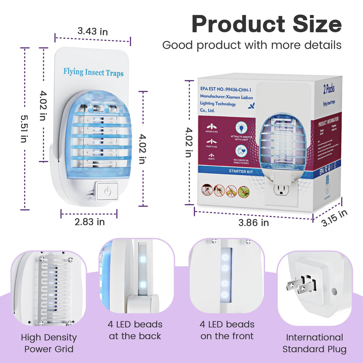 Flying Insect Trap 2 DEVICES+6 REFILLS, BUG ZAPPER+INSECT TRAP for Home,Kill Grid & Glue Dual Efficacy Mosquito Killer,Plug-in Fly Traps for Flies, Fruit Flies, Moths, Gnats, and Other