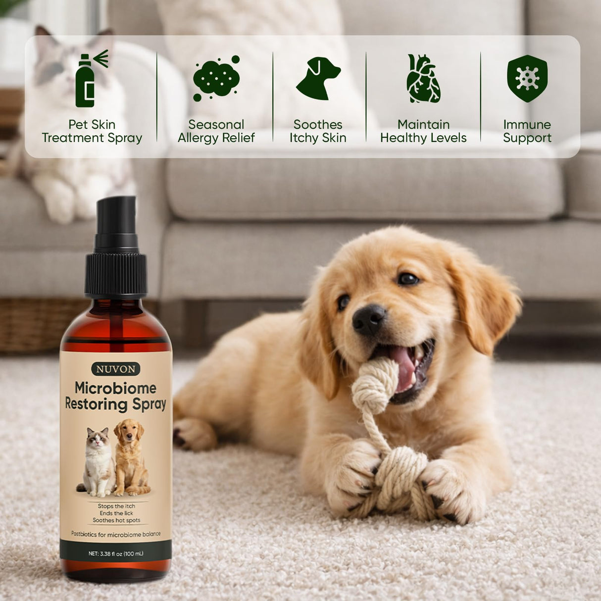 Wanciment NUVON Postbiotic Spray - Anti Itch Spray for Dogs & Cats - Helps Alleviate Sensitive Skin, Scratching, and Licking of Coat - 3.38 fl oz (1)