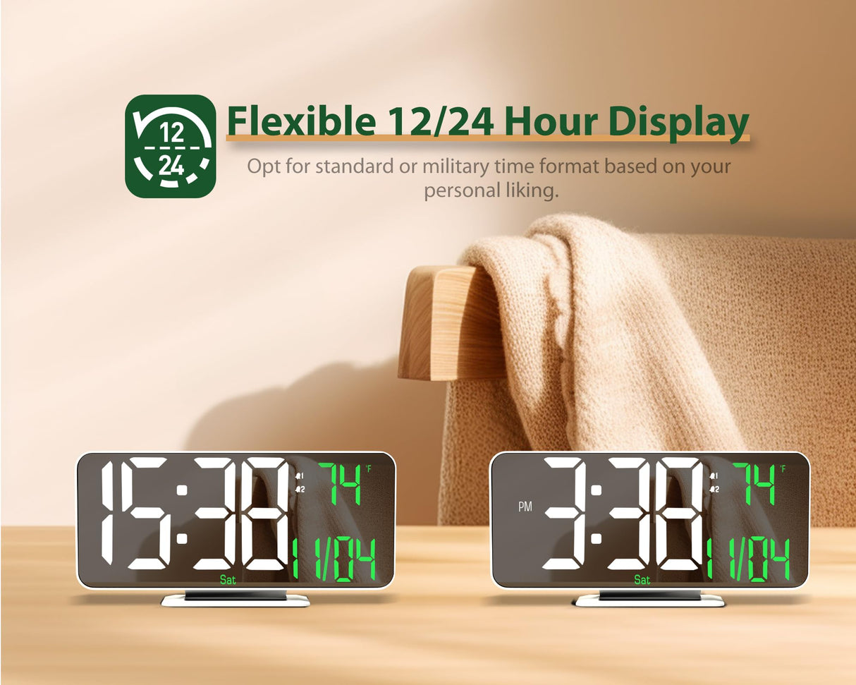 Neasroe Digital Alarm Clock, 6.7" Mirror Clocks Large Numbers LED Display for Bedrooms - Auto Dimmer, Time and Date, Room Temperature, Snooze, 12/24 Hour for Teens, Elderly, USB Powered(White)