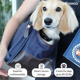 DJANGO Waxed Canvas & Leather Dog Carrier Tote Bag – Premium Soft-Sided Travel Dog Purse with Safety Leash, WR Lining, & Large Zipper Pockets – Everyday Pet Carrier for Small Dogs (Navy Blue, Medium)