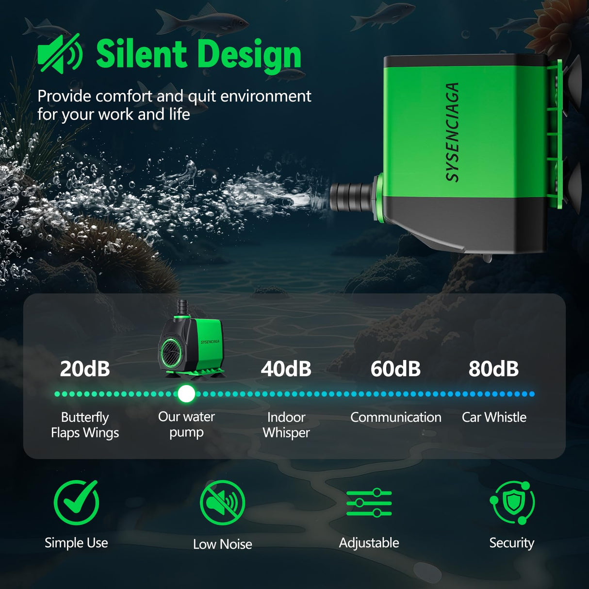 40W Fountain Submersible Water Pump, 1000GPH Adjustable Ultra Quiet Aquarium Pump, Small Pond Pump with 3 Nozzles, 10.5ft High Lift for Small Pond, Fish tank, Waterfall, Outdoor, Hydroponics