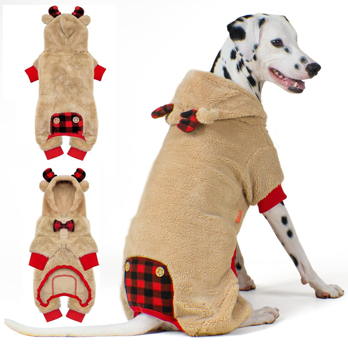 KYEESE Dog Christmas Pajamas with Reindeer Antler Hood, Pet Onesie for Large Dogs, Soft Plush Warm Dog Pjs, Red Buffalo Check Holiday Pet Onesie, Cute Festive Outfit, XXX-Large
