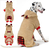 KYEESE Dog Christmas Pajamas with Reindeer Antler Hood, Pet Onesie for Large Dogs, Soft Plush Warm Dog Pjs, Red Buffalo Check Holiday Pet Onesie, Cute Festive Outfit, XXX-Large