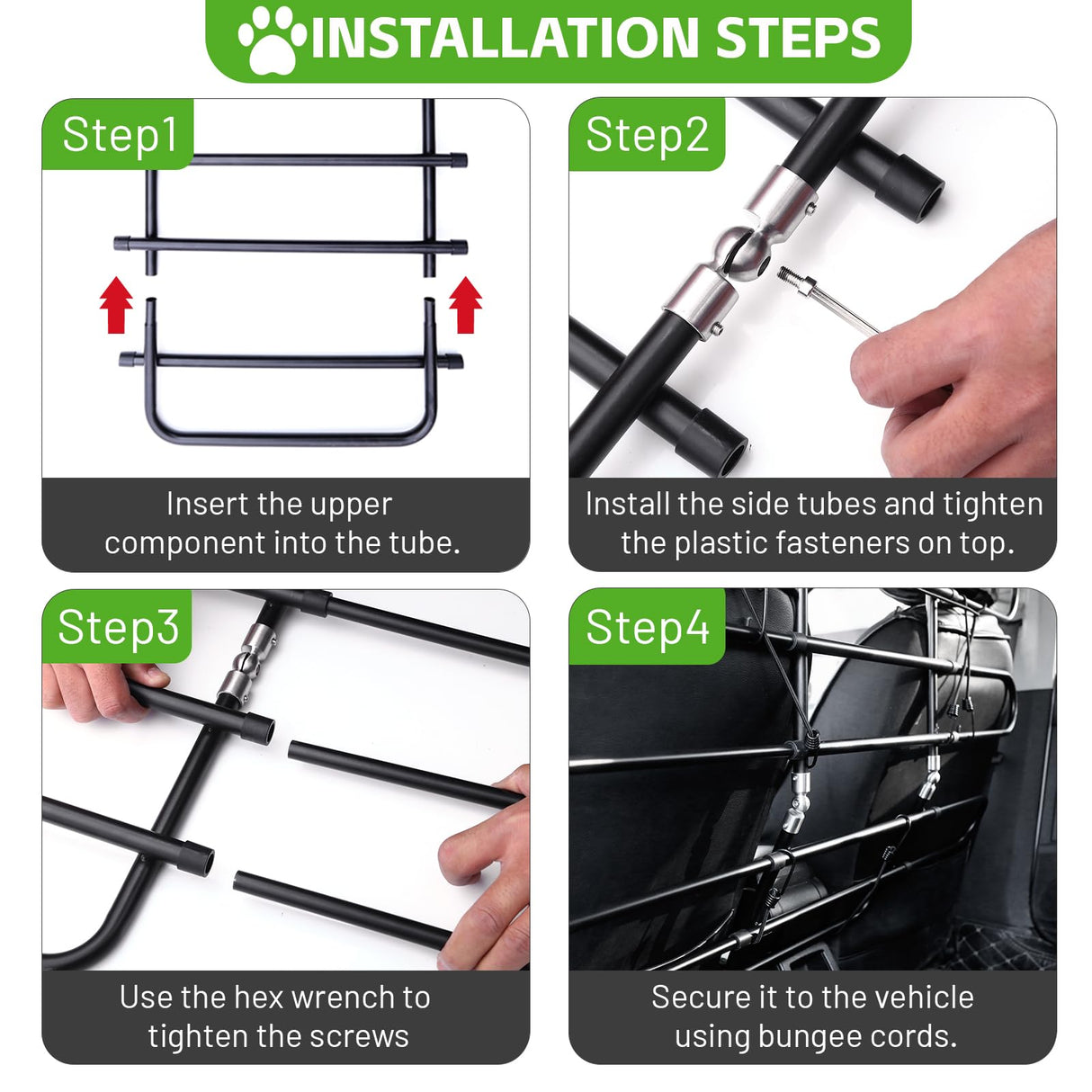 Metal Dog Barrier for Cars, SUVs, Trucks, Adjustable Universal Pet Gate Vehicle Divider for Back Front Seat, Heavy Duty Dog Separator for Car, Easy Install, 34"-58" Width, with Elastic 6 Ropes