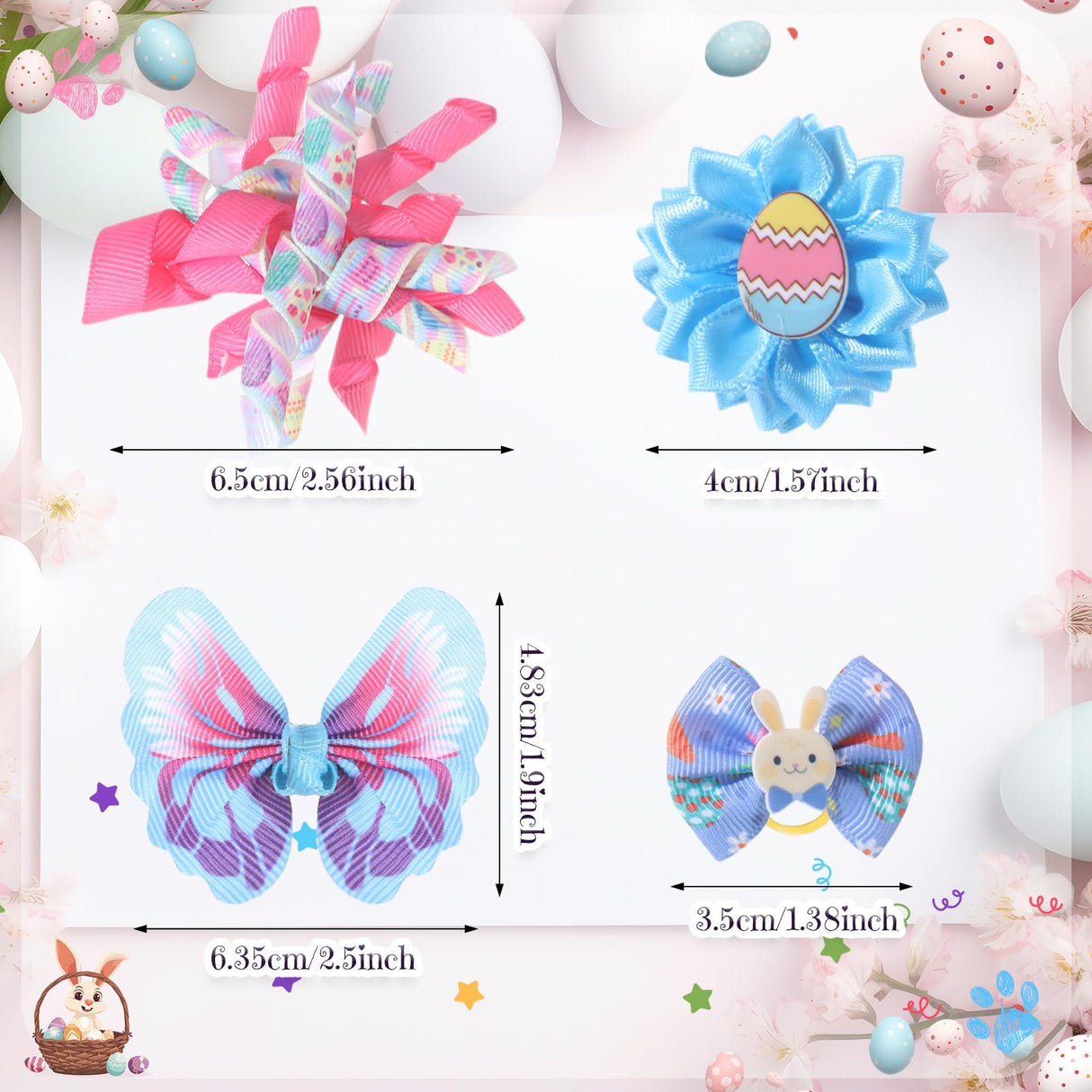 Wavwavw 52 Pieces Bulk Easter Dog Hair Bows with Rubber Bands Easter Dog Grooming Pastel Bows Egg Bunny Chicken Design Pet Accessories for Holiday Party Cute Pet Puppy Cat Hair Accessories