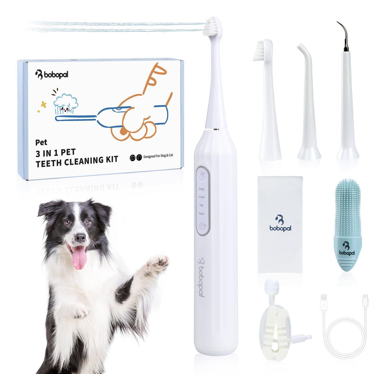 Bobopal Dog Tooth Brushing Kit,3-in-1 Dog Teeth Cleaning Tools,Ultrasonic Electric Toothbrush & Plaque Remover for Dogs with Water Flosser for Teeth,2 Modes & 3 Intensity Levels,IPX7,1100mAh Battery