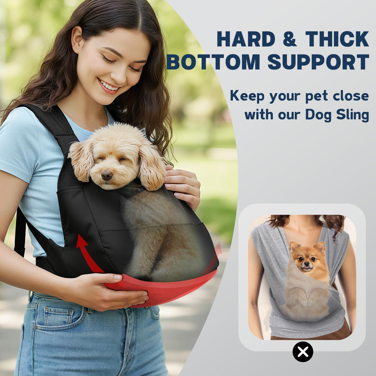 Dog Sling Carrier for Small Dogs with Bottom Support, Adjustable Pet Front Dog Carrier-Padded Straps Reducing Back Neck Pain, Anti-Anxiety Backpack for Travel Hiking Camping, Hands Free (Black,S)