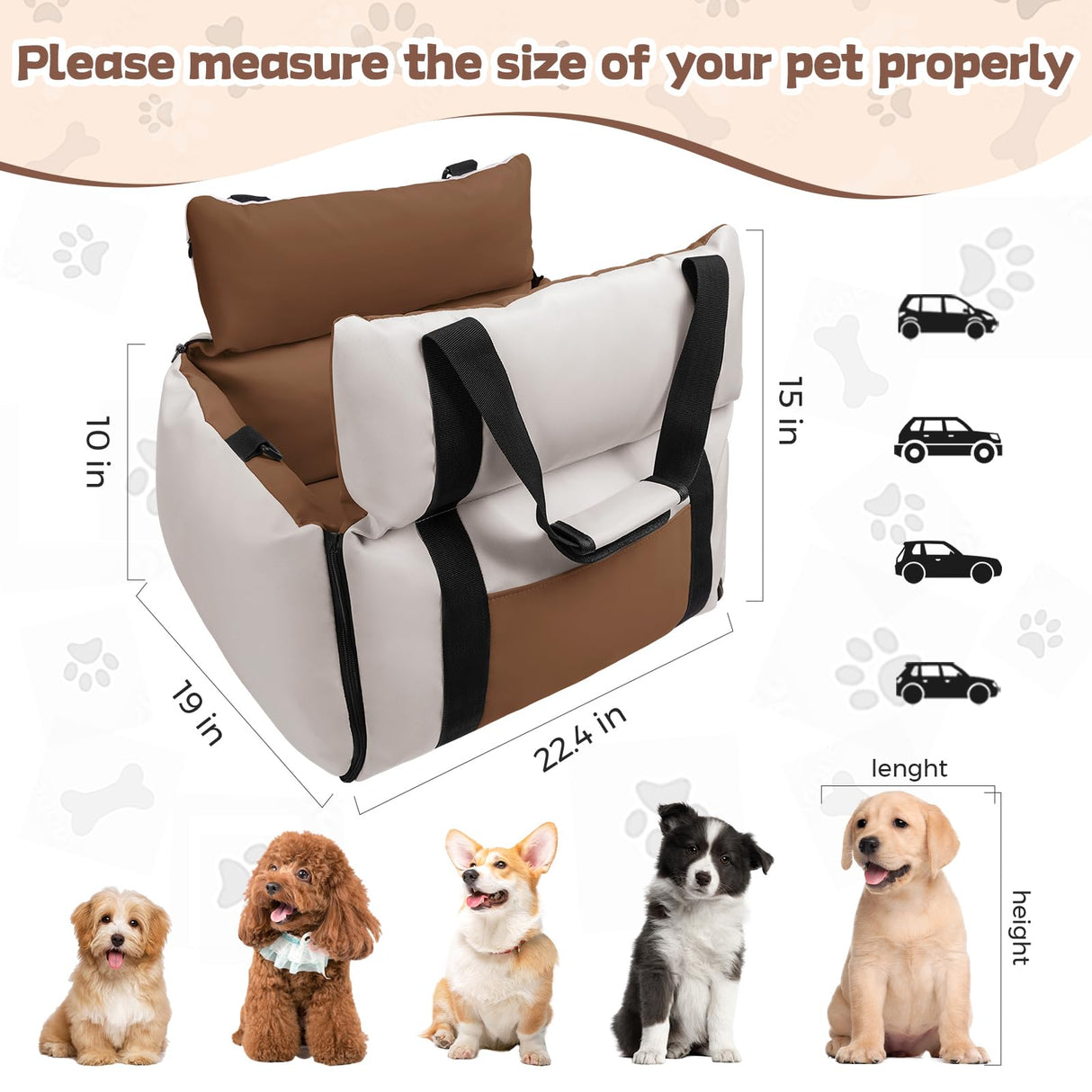 BEBAS Dog Car Seats for Small Dogs up to 25 lbs, Waterproof Dog Booster Carseat with Storage Pockets, Thickened Memory Foam & Clip-On Safety Leash, Pet Back Seat Puppy Travel Carrier, Beige