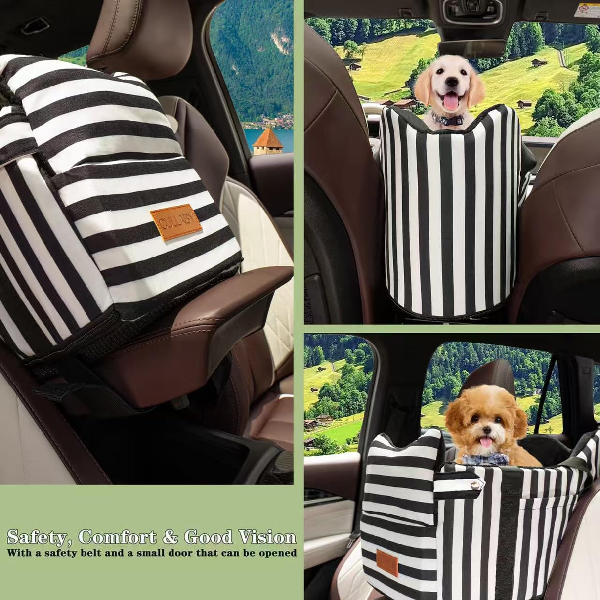 Cullaby Dog Car Seat for Small Dogs Under 15 lbs – Center Console Pet Carrier with Safety Belt, Storage Pockets, Removable Washable Cover – B&W Stripes, Secure & Comfortable for Small Puppies/Cats