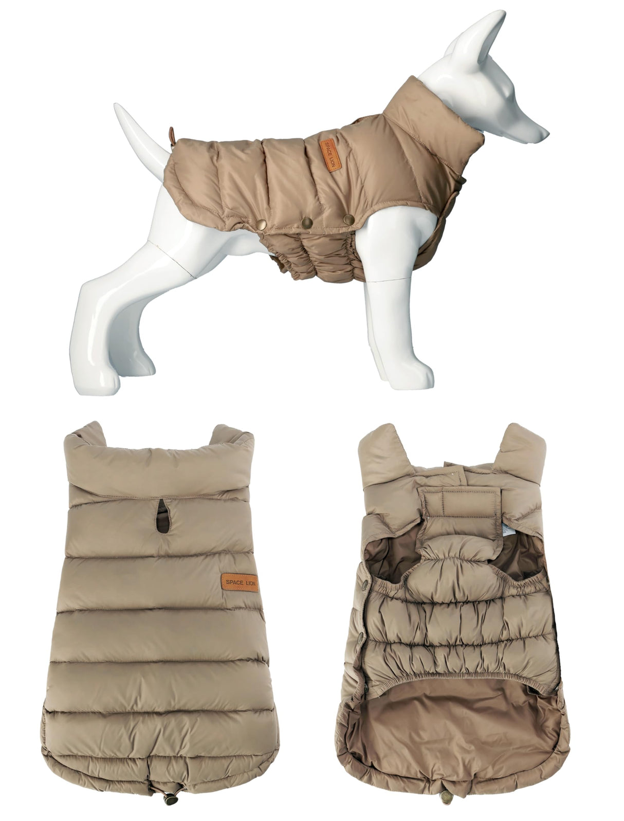 SPACE LION Dog Puffer Jacket, Down Winter Coat, Durable Outdoor Coat for Cold and Windy Conditions, Lightweight & Adjustable Fit Coats for Large Dogs, (Camel, Size28/4XL)