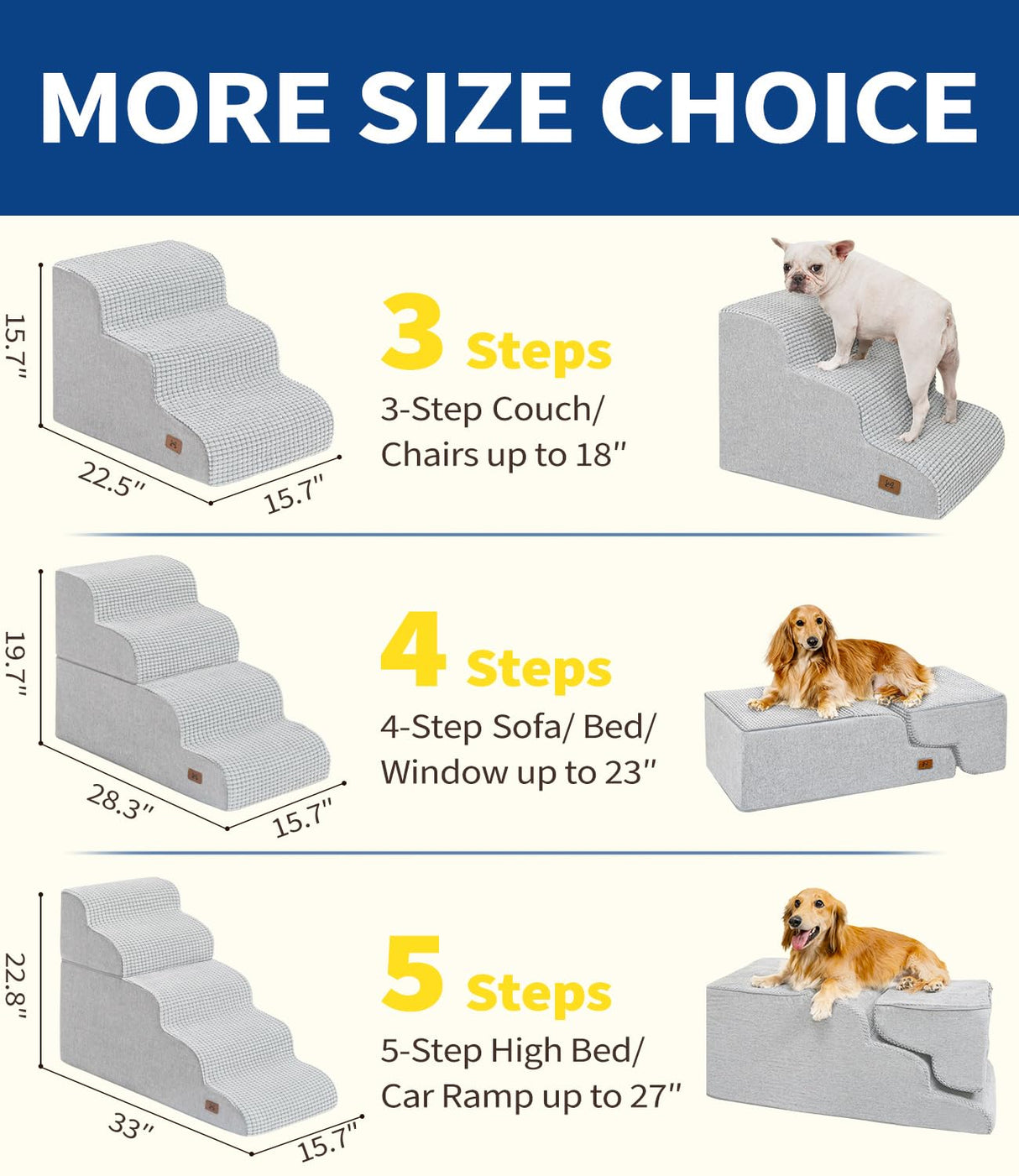 ABCPET Dog Stairs for Small Dogs, 15.7" H Dog Steps for Bed 35D Strong Support Foam Stairs for High Bed or Couch Sofa Non-Slip Balanced Pet Steps Indoor, Light Grey