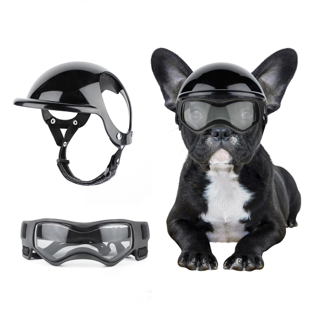 BillionChains Dog Helmet and Goggles for Small Dogs - Pet Goggles Pet Motorcycle Helmet Hat with Ear Holes Adjustable Straps Safety Helmet for Puppy Riding - Black