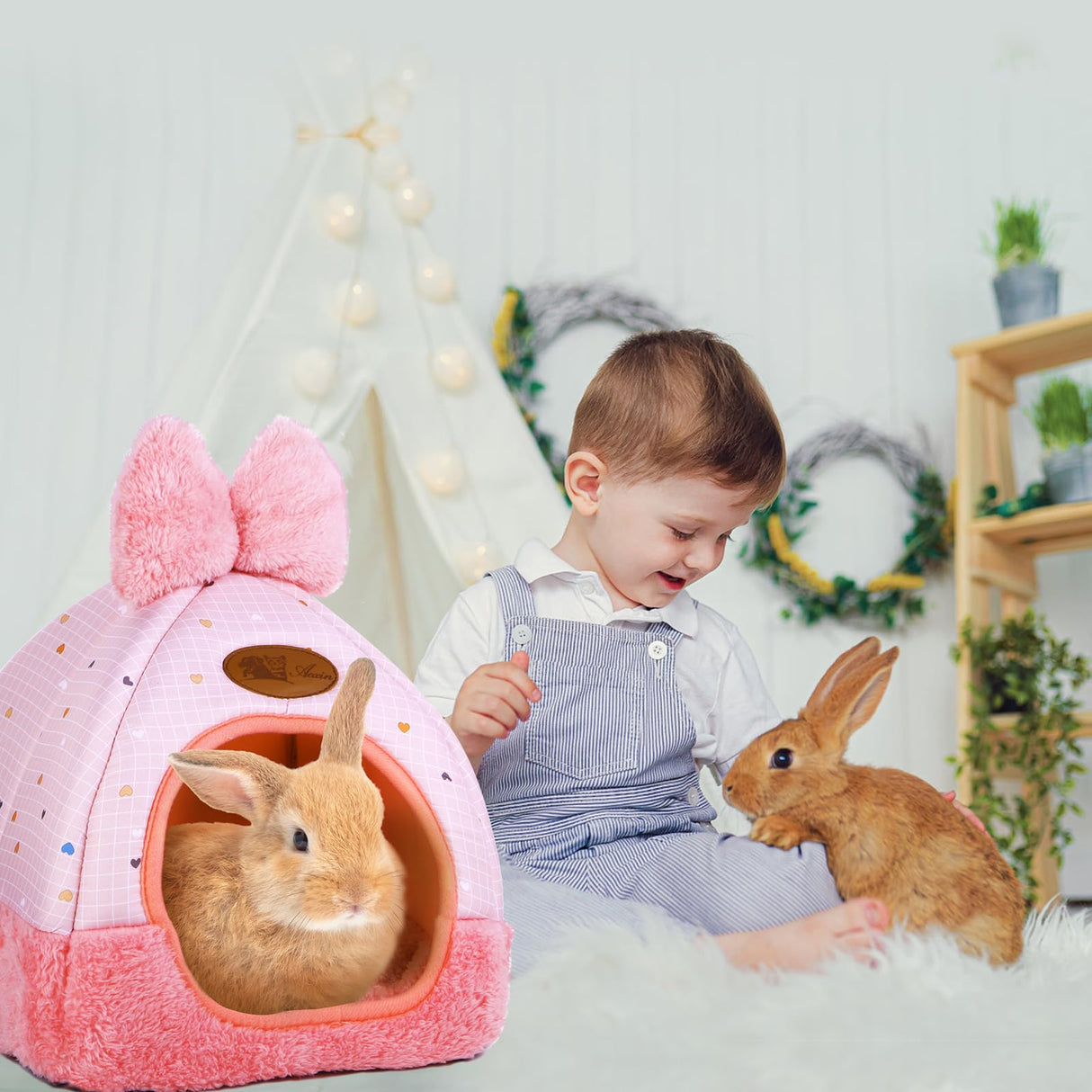 Kwerdas Bunny Bed Hideouts House Ferrets Rats Hedgehogs Chinchilla Cage Accessory for Rabbit Guinea Pig Hamster Cozy and Warm Rabbit Bed with Cute Bowknot Rabbits Hamster Bunny (Pink) ﻿