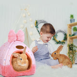 Kwerdas Bunny Bed Hideouts House Ferrets Rats Hedgehogs Chinchilla Cage Accessory for Rabbit Guinea Pig Hamster Cozy and Warm Rabbit Bed with Cute Bowknot Rabbits Hamster Bunny (Pink) ﻿