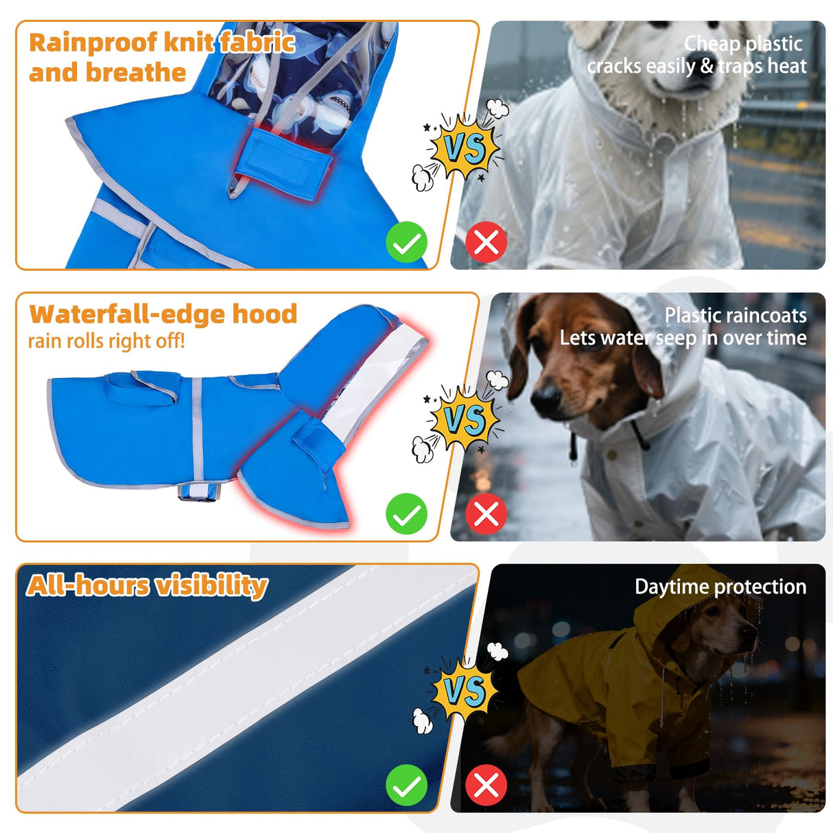 KOOLTAIL Dog Raincoat, Reversible Pet Rain Jacket Clear Hooded Double Layer with Storage Pocket, Adjustable Waterproof&Windproof Reflective Puppy Poncho with Leash Hole for Small Medium Large Dogs, L