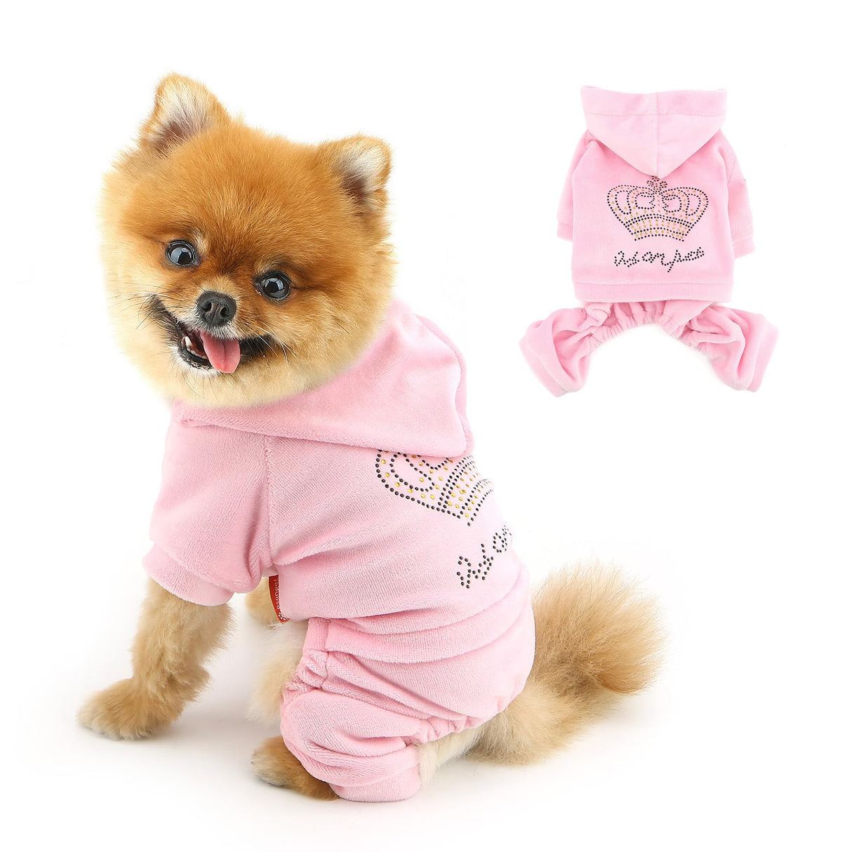 SELMAI Girl Dog Clothes for Small Dogs Cute Doggie Outfits Rhinestone Crown Stretchy Puppy Pajamas Soft Velvet Hoodie 4 Legged Jumpsuit Lightweight Pet Tracksuit Cat Apparel Leash Hole