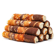 Load image into Gallery viewer, MON2SUN Dog Treats, Triple Flavor 6 Inch Chicken Liver Duck and Chicken Wrapped Rawhide Sticks, Teeth Cleaning Snacks for Medium Dogs, 17.6 oz (10 Count-Pack of 1)
