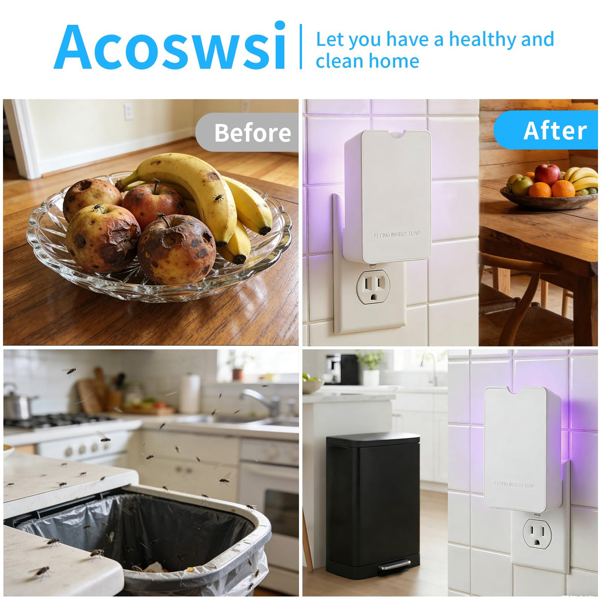 Acoswsi Indoor Fly Trap Plug in, Flying Insect Trap with Blue UV Light, Fruit Fly & Gnat Trap for Indoors, Mess-Free Bug Catcher for Home, 1 Device + 5 Refill Glue Cards