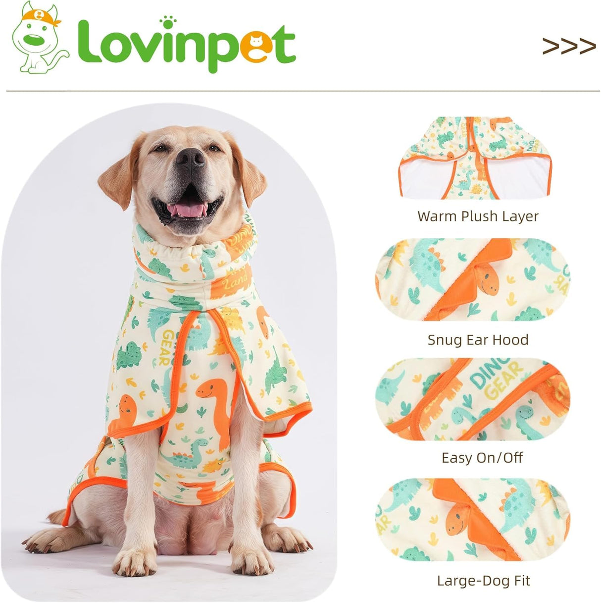 LovinPet 3‑in‑1 Dog Warm Winter Coat & Bathrobe, Hooded Dinosaur Fleece, Lightweight High‑Loft, Absorbent Knit, Quiet Hook‑and‑Loop, Wind‑Blocking Edges, Dog Robes for Medium & Large Dogs, Orange,XL