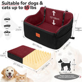 INDYBUD Dog Car Seat for Medium/Large Dogs, Memory Foam Pet Booster Seat for Under 55 lbs or 2 Small Dogs, Detachable Dog Car Bed for Backseat with 2 Safety Leashes and Pockets (Black/Red, Large)