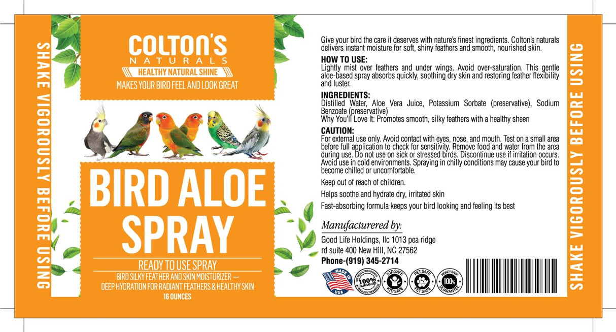Bird Aloe Vera Spray – Soft Feathers Conditioner & Skin Moisturizer -16 OZ- for Parrots, Cockatiels, Conures & All Birds – Natural Aloe Mist for Molting Relief, Sooths Itchy Dry Skin Feather Plucking