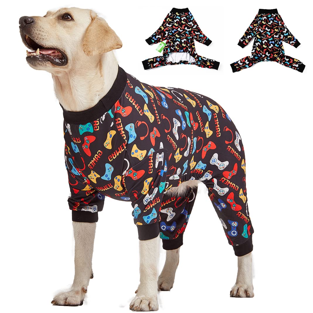 LovinPet Large Dog Pajamas, Game Console Print,UV Protection, Wound Care/Post Surgery Dog Clothes, Pet Anxiety Relief, Lightweight Stretchy Pitbull Pullover Shirt, Onesies for Dogs, Pet PJ's/Medium