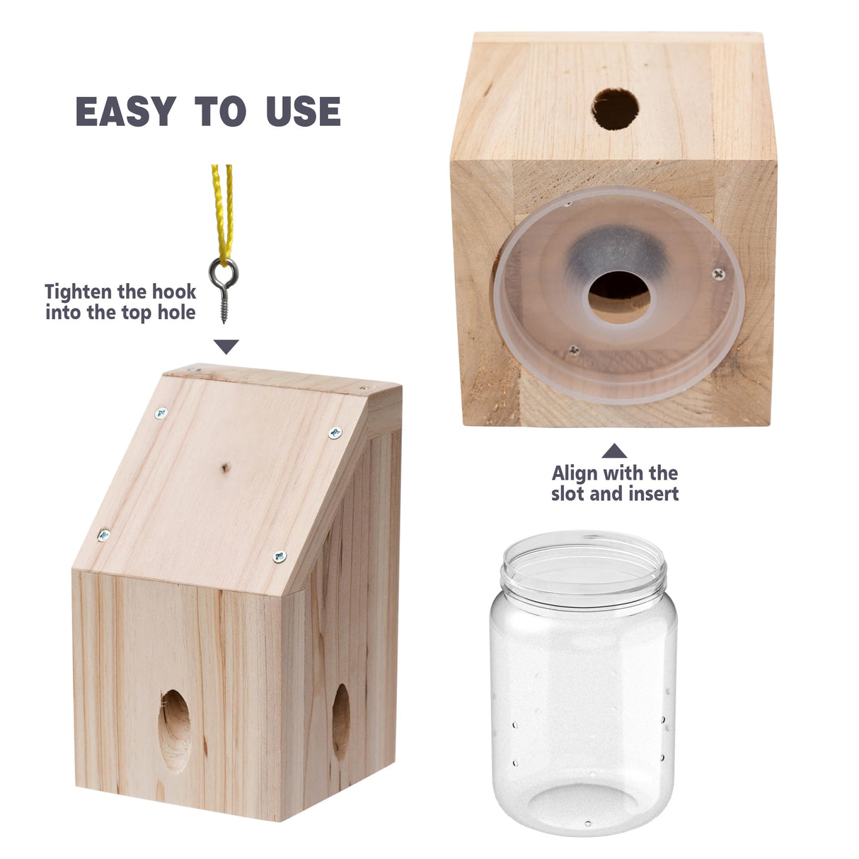 Carpenter Bee Trap for Outside - Shed Style Nature Hanging Wood Trap for Outdoor with Removable Bee Vault Plastic Jar (2 Pack)