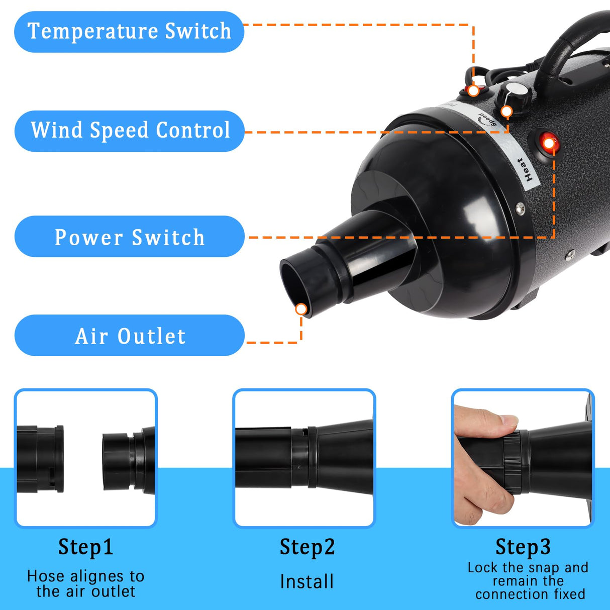 Hoqqf Dog Dryer for Large Dogs 5.2HP 3800W High Velocity Pet Hair Dryers with Heater for Grooming, Spind Temperature Adjustable Pet Dryer Machine with 4 Nozzles (Black)