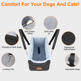 Vivifying Center Console Dog Car Seat for Small Dogs Up to 10 lbs, Plush Pet Booster Seat with Safety Leash, Adjustable Straps, Storage Pocket, Portable Car Seat for Puppies, Black & Grey