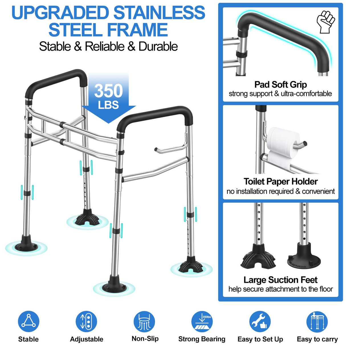 UGarden Upgraded Toilet Safety Rail, Stainless Steel Toilet Rail, 350LBS Toilet Rails for Seniors, Adjustable & Detachable Safety Frame for Toilet, Toilet Frame for Elderly Adults - Fits Most Toilets
