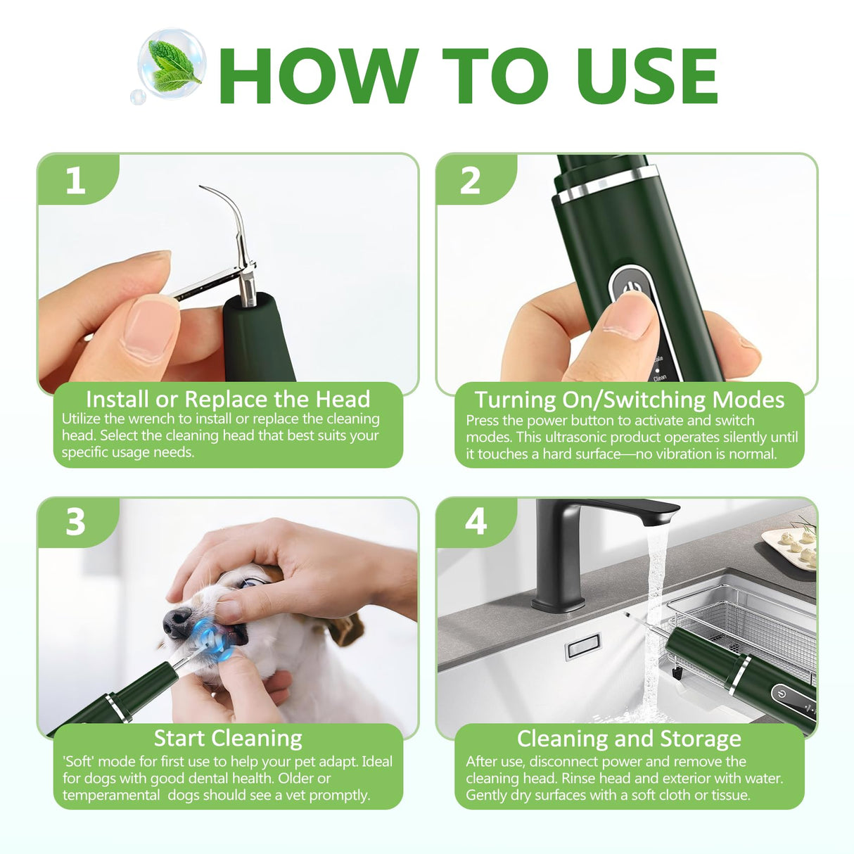 Opdent Dog Plaque and Tartar Remover - Dog Tooth Brushing Kit Electric Toothbrush for Dogs,5 Adjustable Mode& 3 Cleaning Head, Plaque Remover for Teeth Stains for Dogs and Cats (Green)