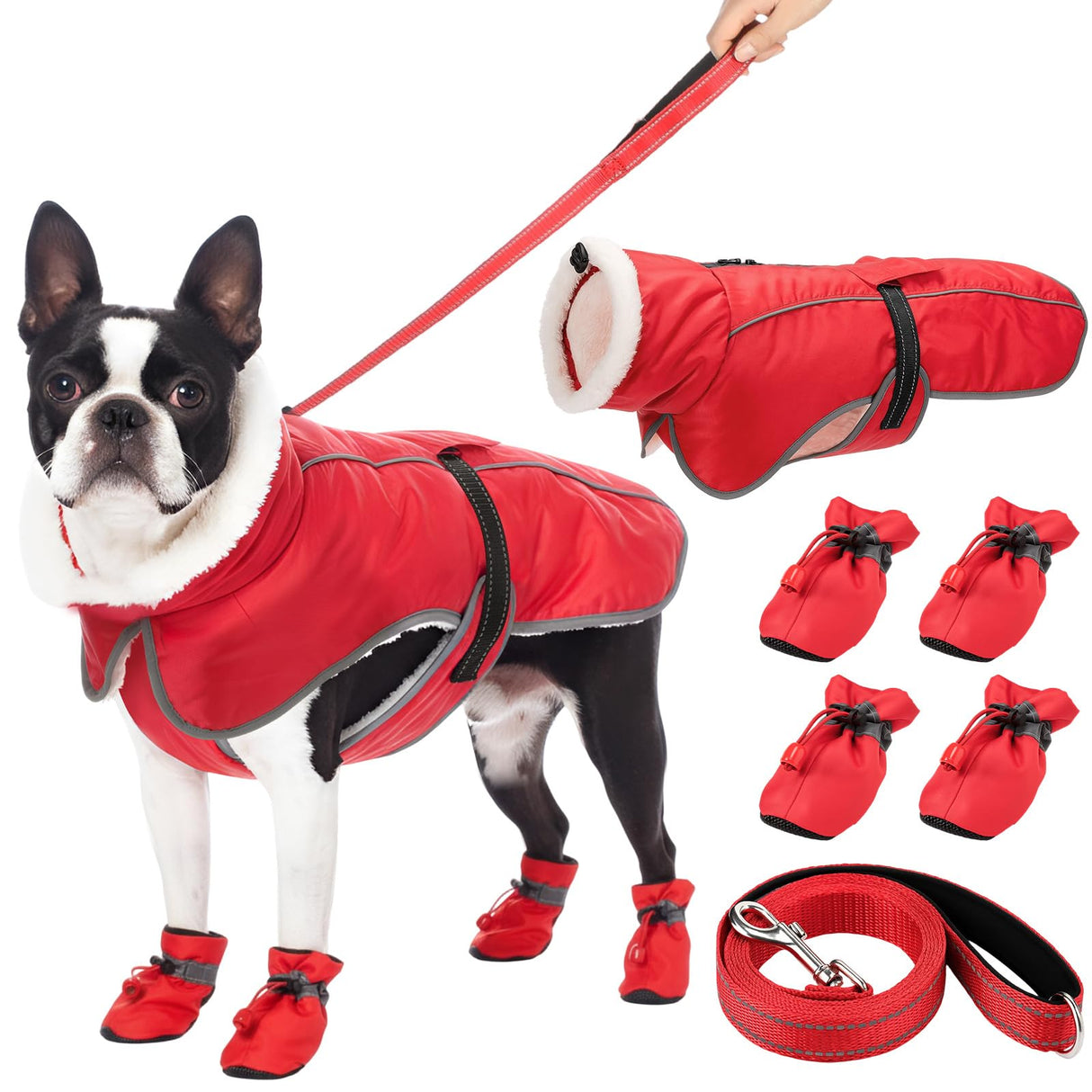 Sunnymove Winter Dog Coat and Snow Boots with Heavy Duty Dog Leash Waterproof Puppy Winter Jacket Cold Weather Coats Set Reflective for Small Medium Size Dogs Walking(Small)