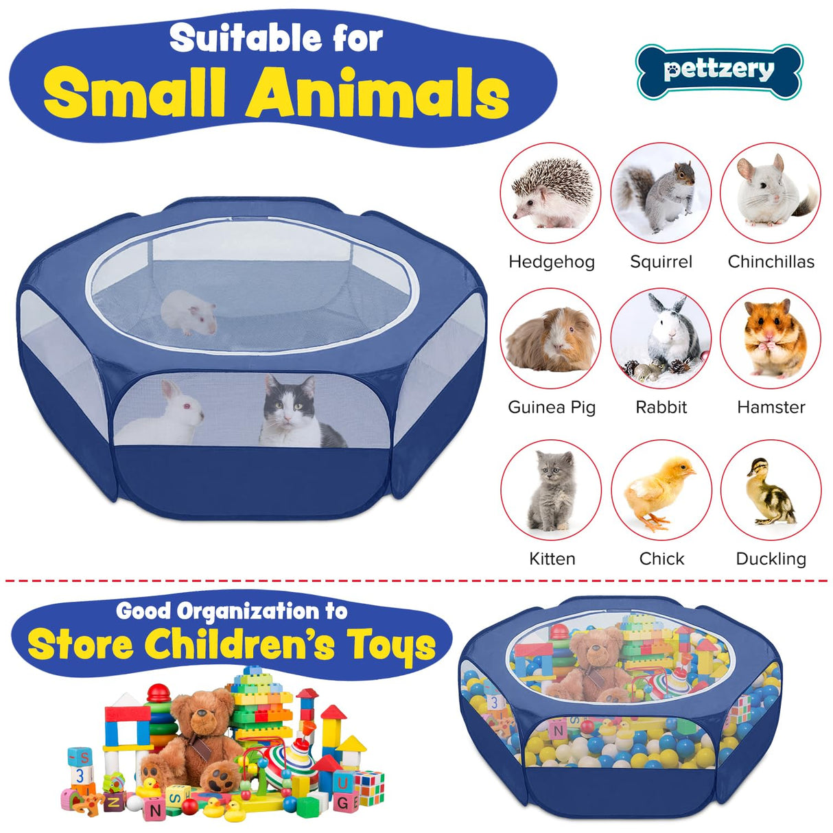 Small Animal Playpen with Zippered Top, Portable Waterproof Pet Cage (47"x23") for Kitten, Bunny, Guinea Pig, Hamster, Chicken Brooder, Indoor & Outdoor Exercise Pen, Foldable Design (Navy)