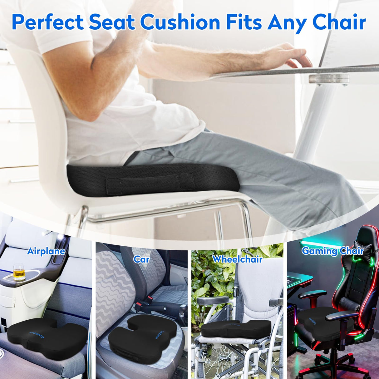CushZone Seat Cushion - Memory Foam Office Chair Cushion for Sciatica, Tailbone & Back Pain Relief - Orthopedic Coccyx Pillow for Car, Airplane, Pregnancy & Long Sitting at Work, Black