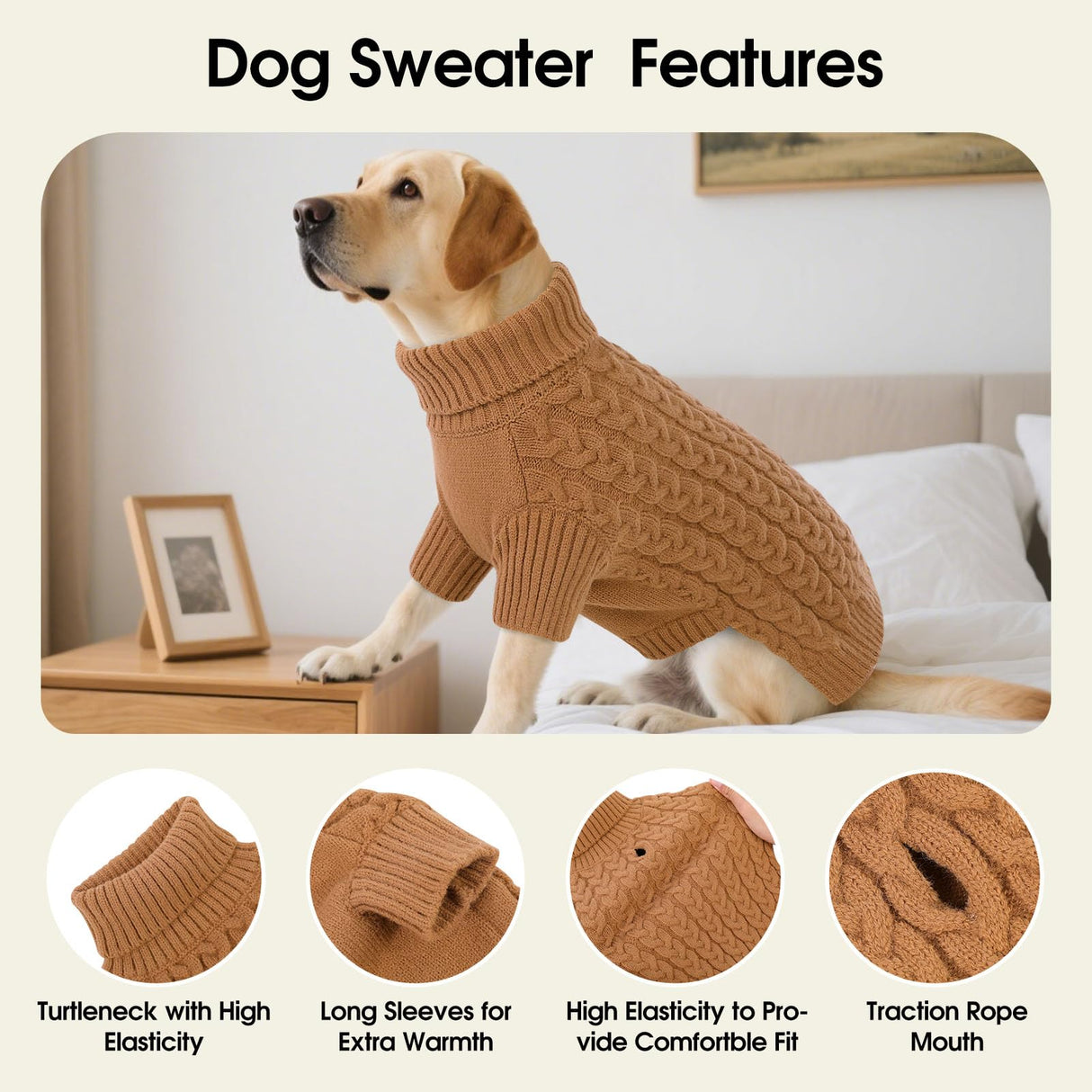 SAWMONG Dog Sweater, Dog Sweaters for Small Dogs Girls Boys, Pullover Turtleneck Knitted Doggy Sweatshirt, Cold Weather Pet Clothes（Khaki, Small