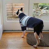 Queenmore Dog Striped Knitted Sweater, Turtleneck Pullover Pet Coat, Dog Winter Clothes with Leash Hole for Small Medium &Large Dogs(Navy Blue,S)