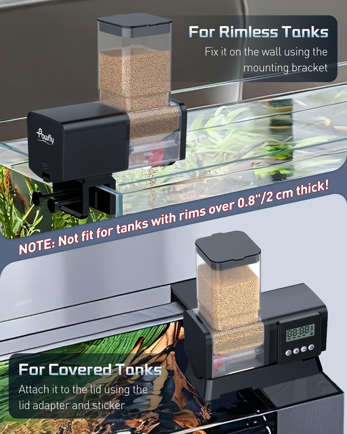Pawfly Automatic Fish Feeder for Aquarium, 200/450 mL Auto Fish Feeder Automatic Dispenser, Adjustable Auto Fish Food Dispenser with Timer, Fish Food Vacation Feeder, Battery Operated (Not Included)