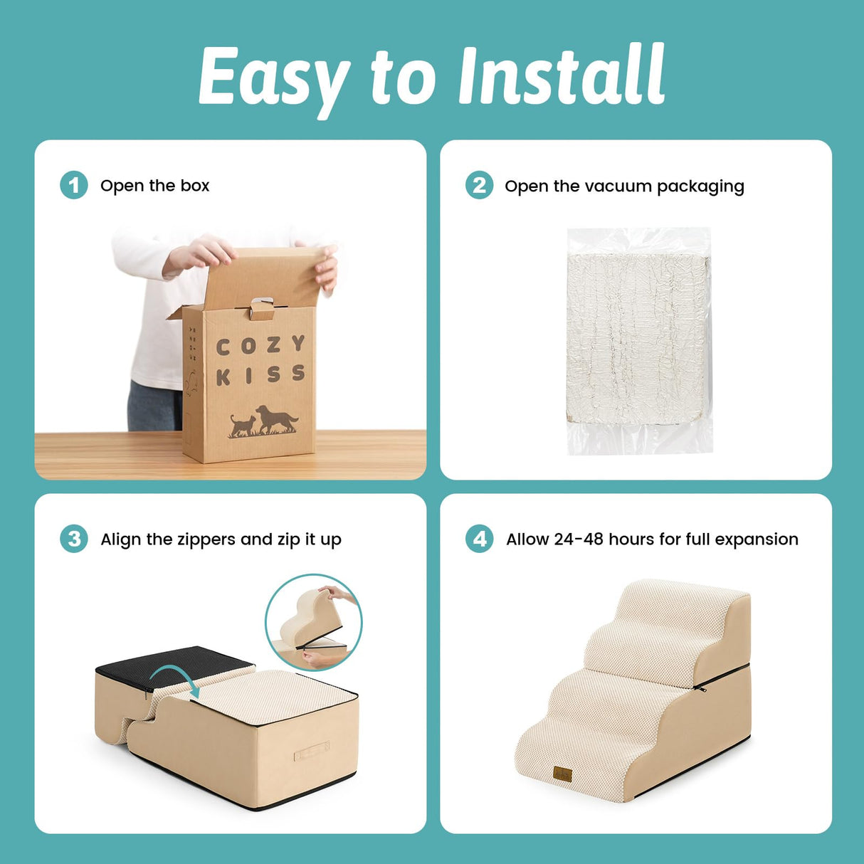 COZY KISS Detachable Curved Wide Dog Stairs 19.7" H, 4 Step Small Dog Step for Puppy or Older Cat, Ramp for Bed, Sofa, Couch or Chair, Ladder with High Density Foam, 17.7x28.3x19.7 inch, Beige