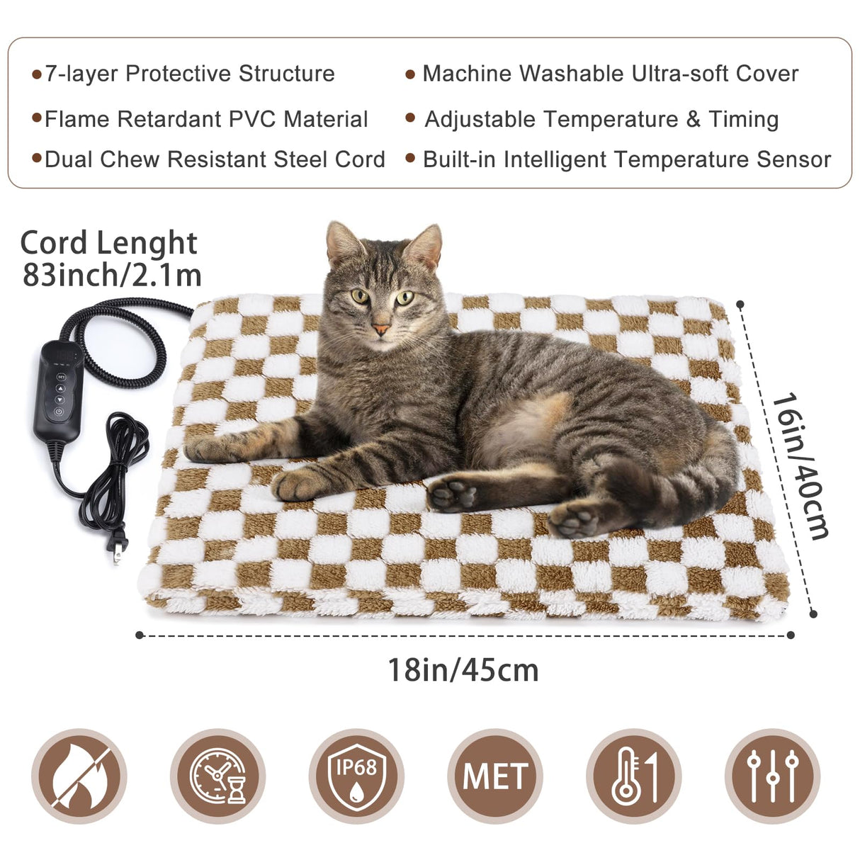MIXJOY Heated Cat Bed, 11 Adjustable Temperature Cat Heating Pad Indoor with Timer, Pet Heat Pad for Cats Dogs, Electric Dog Heating Pads with Washable Cover, Heated Pet bed-18''x16'', Small