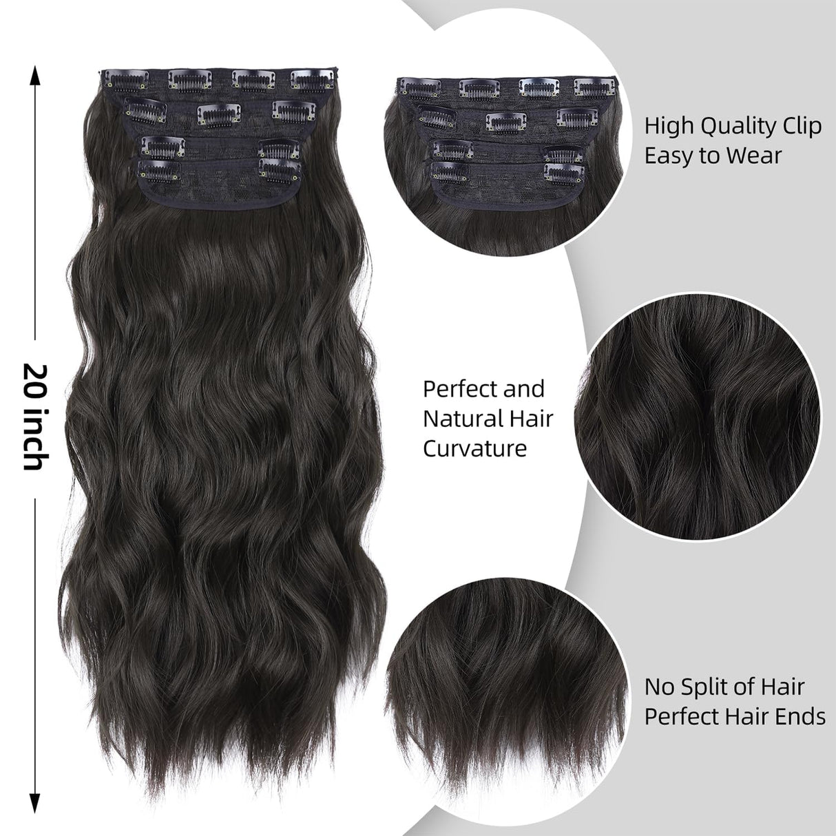 Black Hair Extensions, 20 Inches Soft Synthetic Curly Hair Extensions Clip ins (Color: Black)
